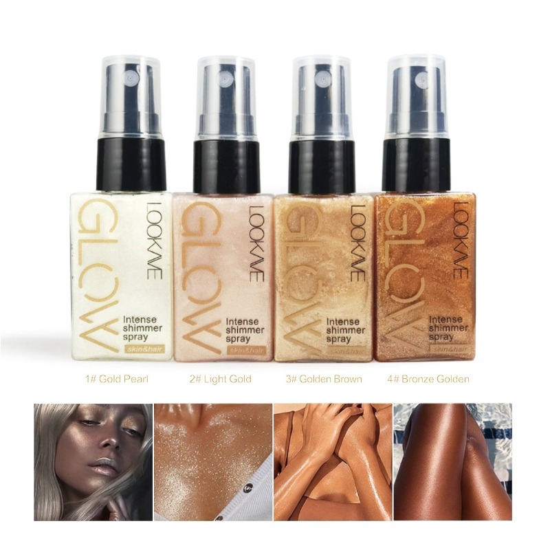 Body Shimmer Lotion - Spray z olejkiem rozświetlającym, wodoodporny, długotrwały,